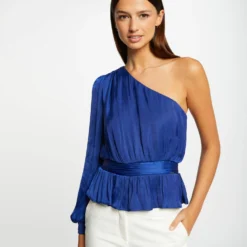 Blouse Asymétrique Smockée Bleu Electrique Femme