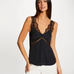 Blouse Bretelles Larges à Dentelle Marine Femme