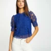 Blouse Manches Courtes En Dentelle Bleu Electrique Femme