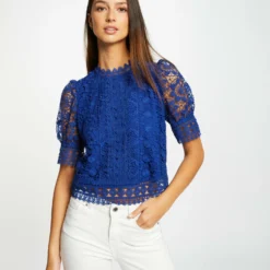 Blouse Manches Courtes En Dentelle Bleu Electrique Femme