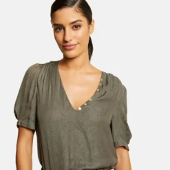 Blouse Manches Courtes Imprimée Vert Kaki Femme