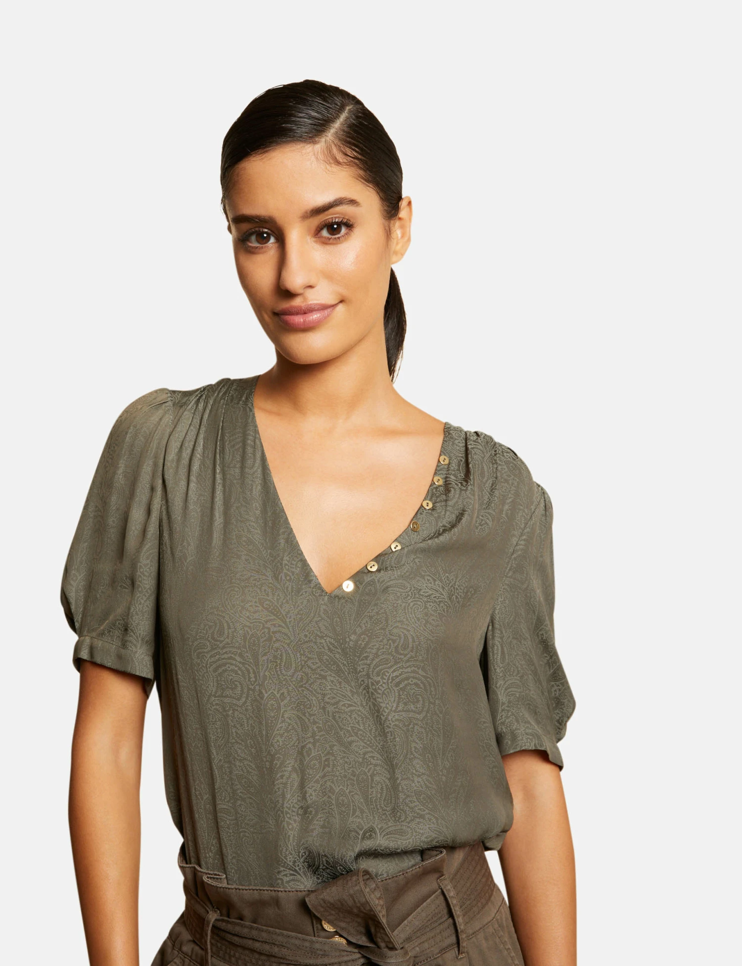 Blouse Manches Courtes Imprimée Vert Kaki Femme 1 Blouse Manches Courtes Imprimée Vert Kaki Femme