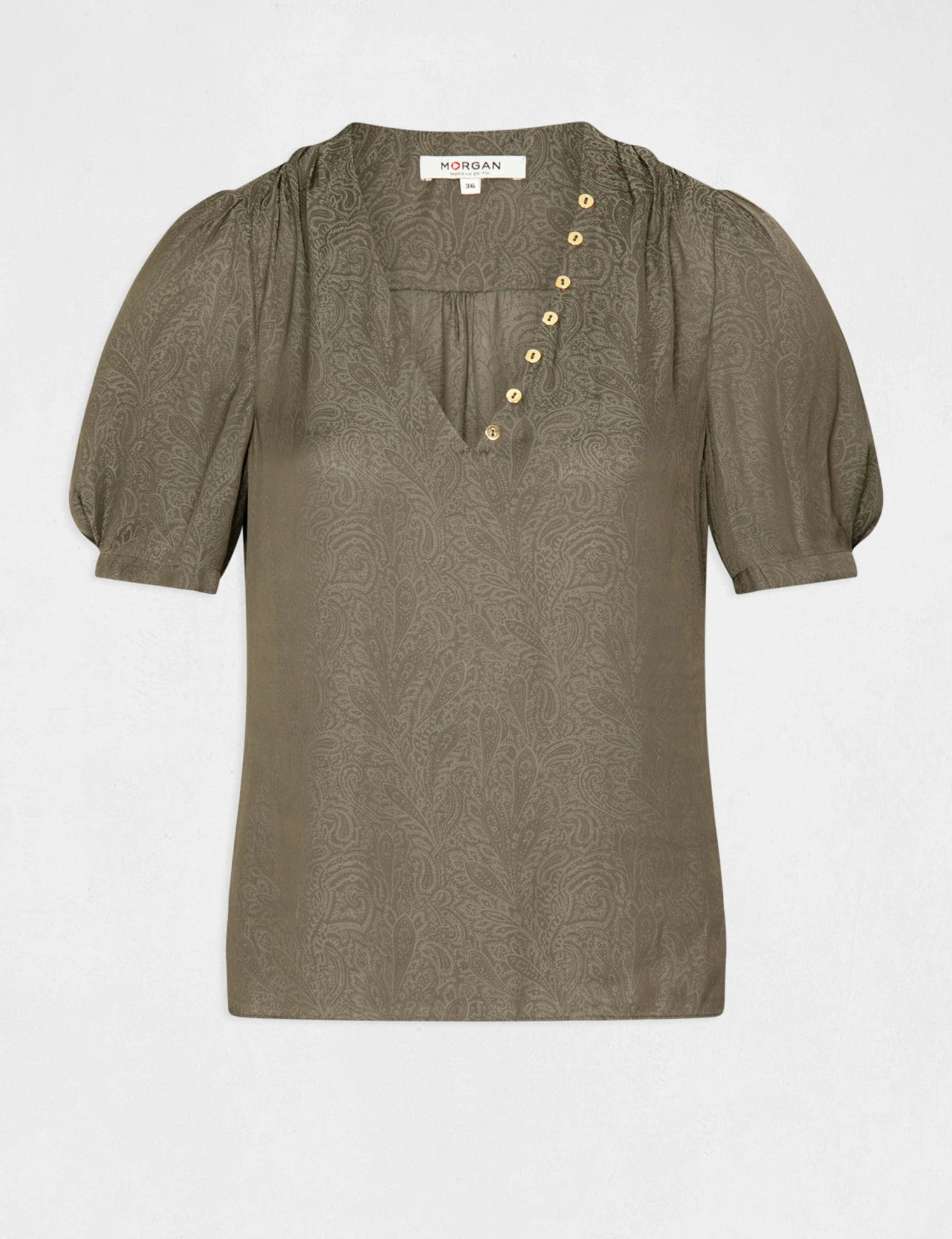 Blouse Manches Courtes Imprimée Vert Kaki Femme 4 Blouse Manches Courtes Imprimée Vert Kaki Femme – Image 4