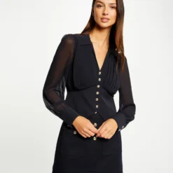 Blouse Manches Longues Avec Plis Marine Femme