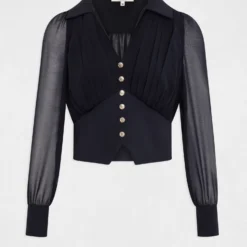 Blouse Manches Longues Avec Plis Marine Femme -Morgandetoi Boutique blouse manches longues avec plis marine femme vue3 32536300911090301