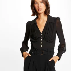 Blouse Manches Longues Avec Plis Noir Femme