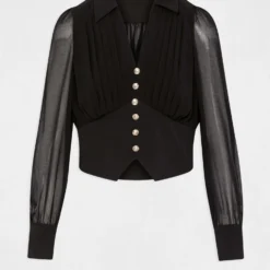 Blouse Manches Longues Avec Plis Noir Femme -Morgandetoi Boutique blouse manches longues avec plis noir femme vue3 32536300911090100
