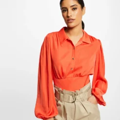 Blouse Manches Longues Bouffantes Orange Femme