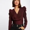 Blouse Manches Longues Col Cache-coeur Prune Femme