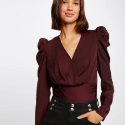 Blouse Manches Longues Col Cache-coeur Prune Femme