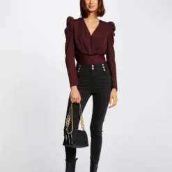 Blouse Manches Longues Col Cache-coeur Prune Femme -Morgandetoi Boutique blouse manches longues col cache coeur prune femme vue5 32536300911000505