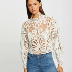 Blouse Manches Longues En Dentelle Ecru Femme