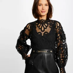 Blouse Manches Longues En Dentelle Noir Femme