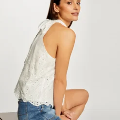 Blouse Sans Manches Avec Broderie Ecru Femme
