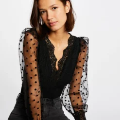 Body Manches Longues à Dentelle Noir Femme