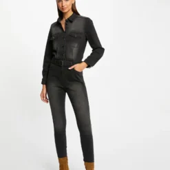 Combinaison Ajustée Ceinturée En Jean Gris Anthracite Femme