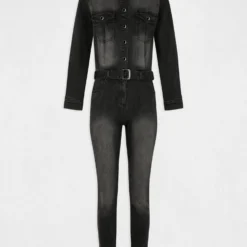 Combinaison Ajustée Ceinturée En Jean Gris Anthracite Femme -Morgandetoi Boutique combinaison ajustee ceinturee en jean gris anthracite femme vue3 32536300951500103