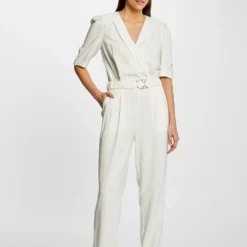 Combinaison Droite Avec Ceinture Ecru Femme
