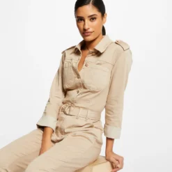 Combinaison Droite Ceinturée Beige Femme