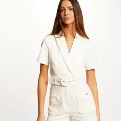 Combinaison Droite Ceinturée Ecru Femme