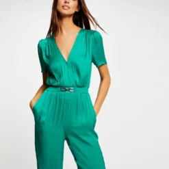 Combinaison Droite Fluide Satin Vert Moyen Femme