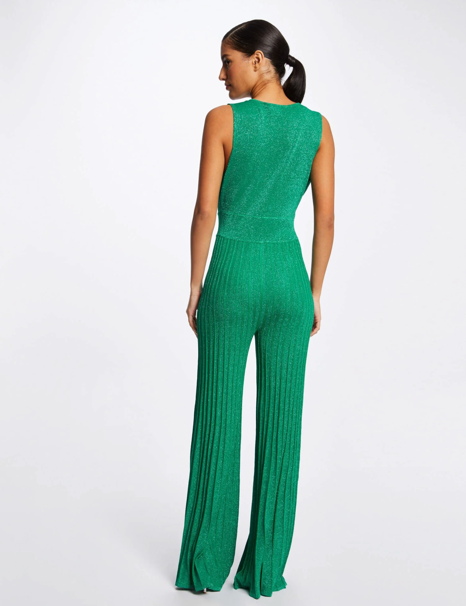 Combinaison Jambes Larges Plissées Vert Moyen Femme 2 Combinaison Jambes Larges Plissées Vert Moyen Femme – Image 2
