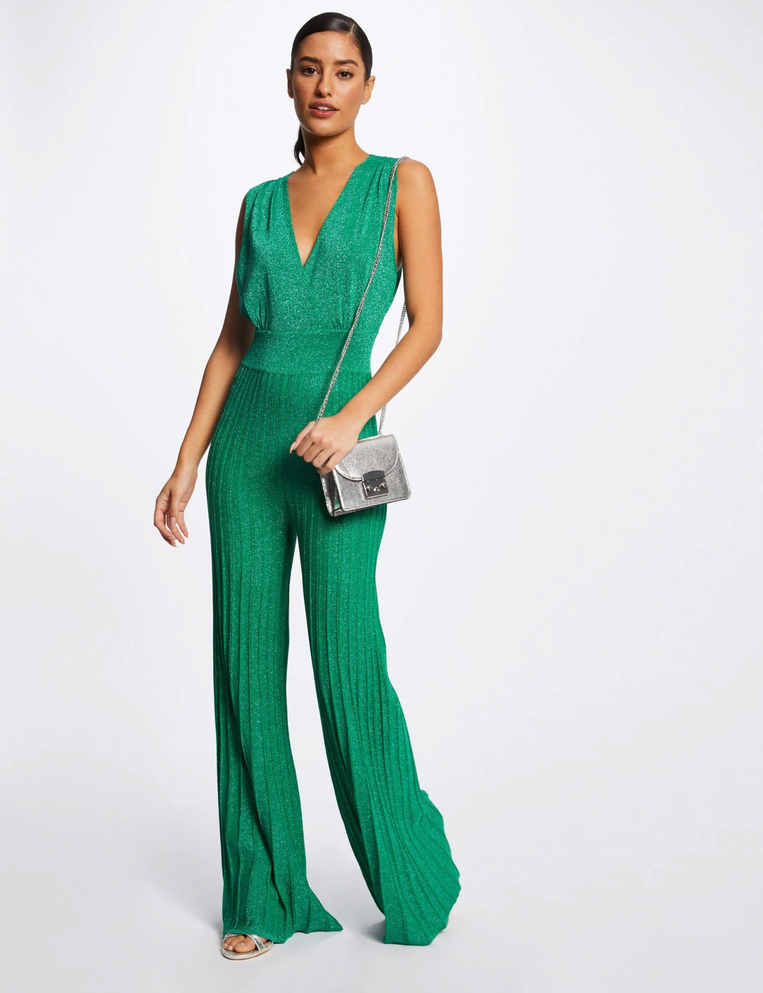 Combinaison Jambes Larges Plissées Vert Moyen Femme 3 Combinaison Jambes Larges Plissées Vert Moyen Femme – Image 3