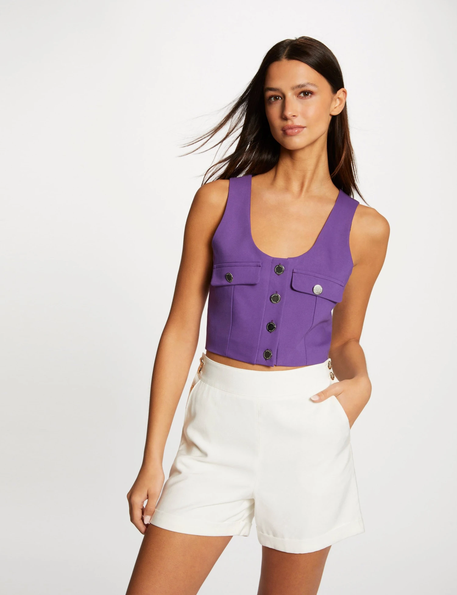 Crop Top Boutonné Sans Manches Violet Fonce Femme 1 Crop Top Boutonné Sans Manches Violet Fonce Femme