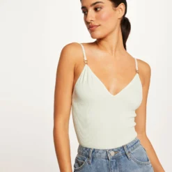 Débardeur Bretelles Fines à Col En V Vert Clair Femme