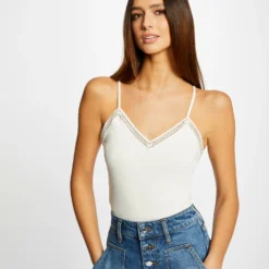 Débardeur Bretelles Fines Col En V Ecru Femme