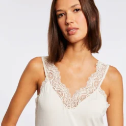 Débardeur Bretelles Larges Avec Dentelle Ivoire Femme