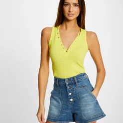 Débardeur Bretelles Larges Effet Côtelé Jaune Femme