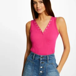 Débardeur Bretelles Larges Effet Côtelé Rose Fonce Femme