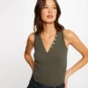 Débardeur Bretelles Larges Effet Côtelé Vert Kaki Femme