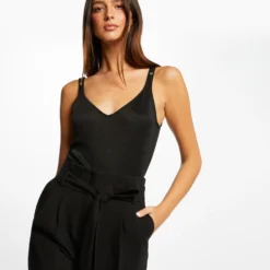 Débardeur Col En V Fils Métallisés Noir Femme