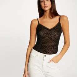 Débardeur Dentelle Imprimé Animalier Noir Femme