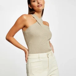 Débardeur Pull Bretelles Croisées Au Col Beige Clair Femme