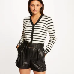 Gilet Boutonné Col En V à Rayures Ecru Femme