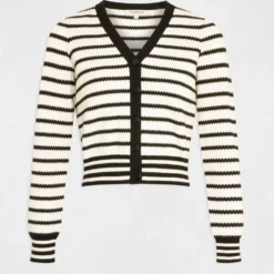 Gilet Boutonné Col En V à Rayures Ecru Femme -Morgandetoi Boutique gilet boutonne col en v a rayures ecru femme vue3 32536300952250201