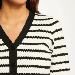 Gilet Boutonné Col En V à Rayures Ecru Femme -Morgandetoi Boutique gilet boutonne col en v a rayures ecru femme vue4 32536300952250201