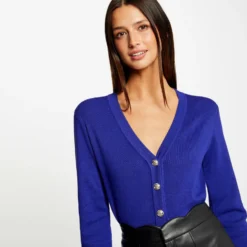 Gilet Col En V Manches Longues Bleu Moyen Femme