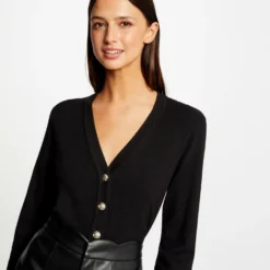Gilet Col En V Manches Longues Noir Femme