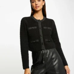 Gilet Col Rond Boutonné Noir Femme