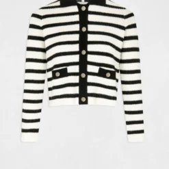 Gilet Droit Boutonné à Rayures Ecru Femme -Morgandetoi Boutique gilet droit boutonne a rayures ecru femme vue3 32536300949650201