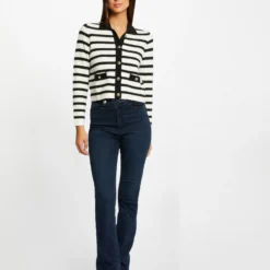 Gilet Droit Boutonné à Rayures Ecru Femme -Morgandetoi Boutique gilet droit boutonne a rayures ecru femme vue5 32536300949650201