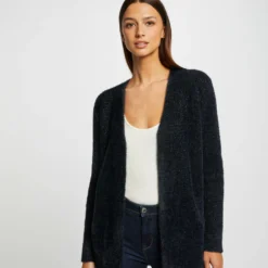 Gilet Droit Détails Fils Métallisés Marine Femme