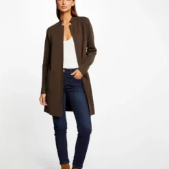 Gilet Long Droit Col Ouvert Vert Fonce Femme