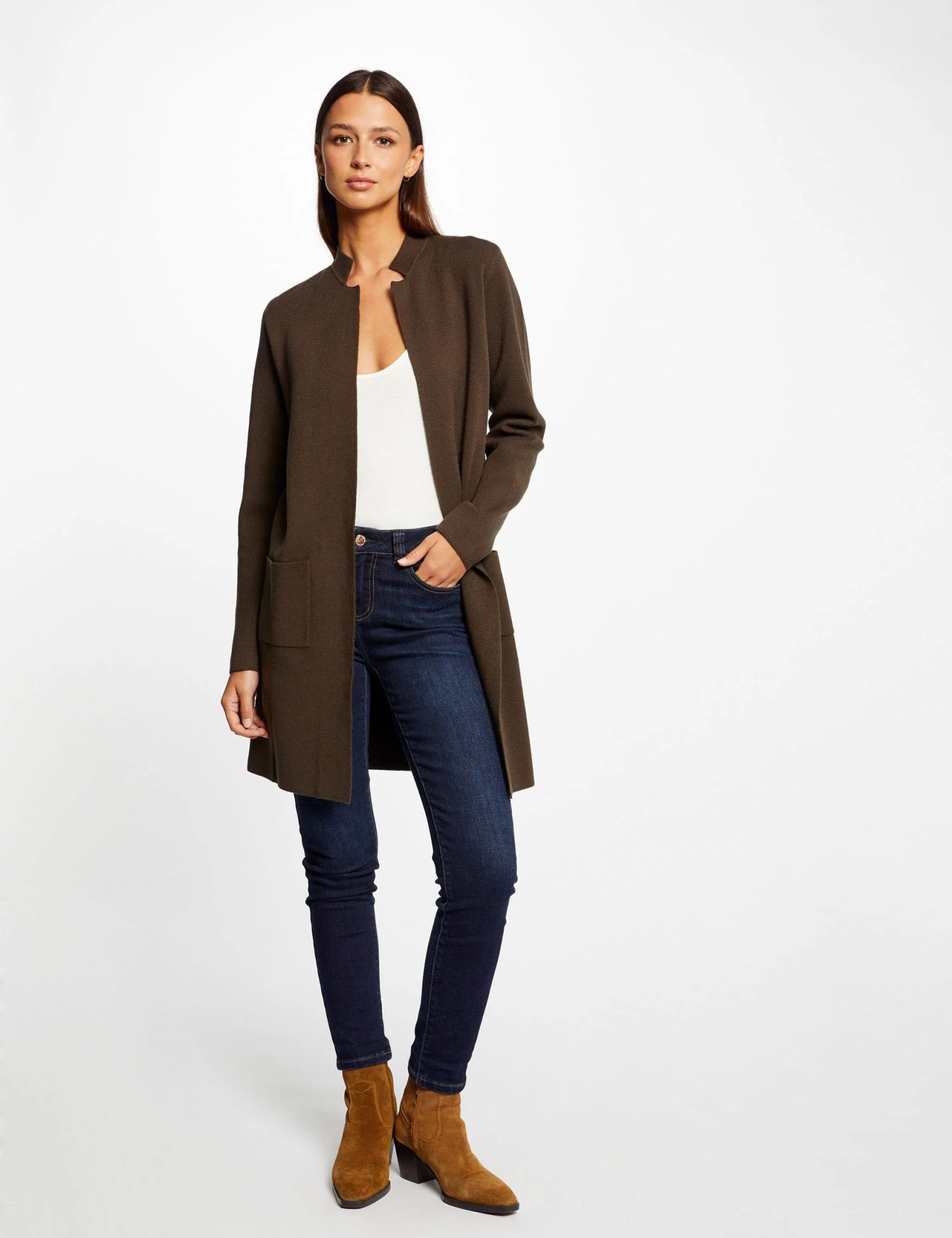 Gilet Long Droit Col Ouvert Vert Fonce Femme 1 Gilet Long Droit Col Ouvert Vert Fonce Femme