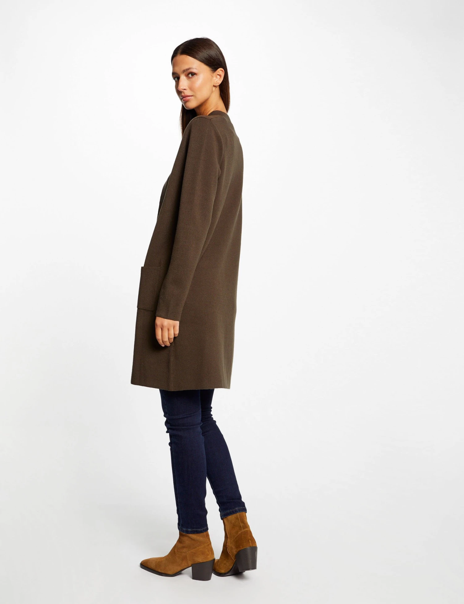 Gilet Long Droit Col Ouvert Vert Fonce Femme 2 Gilet Long Droit Col Ouvert Vert Fonce Femme – Image 2