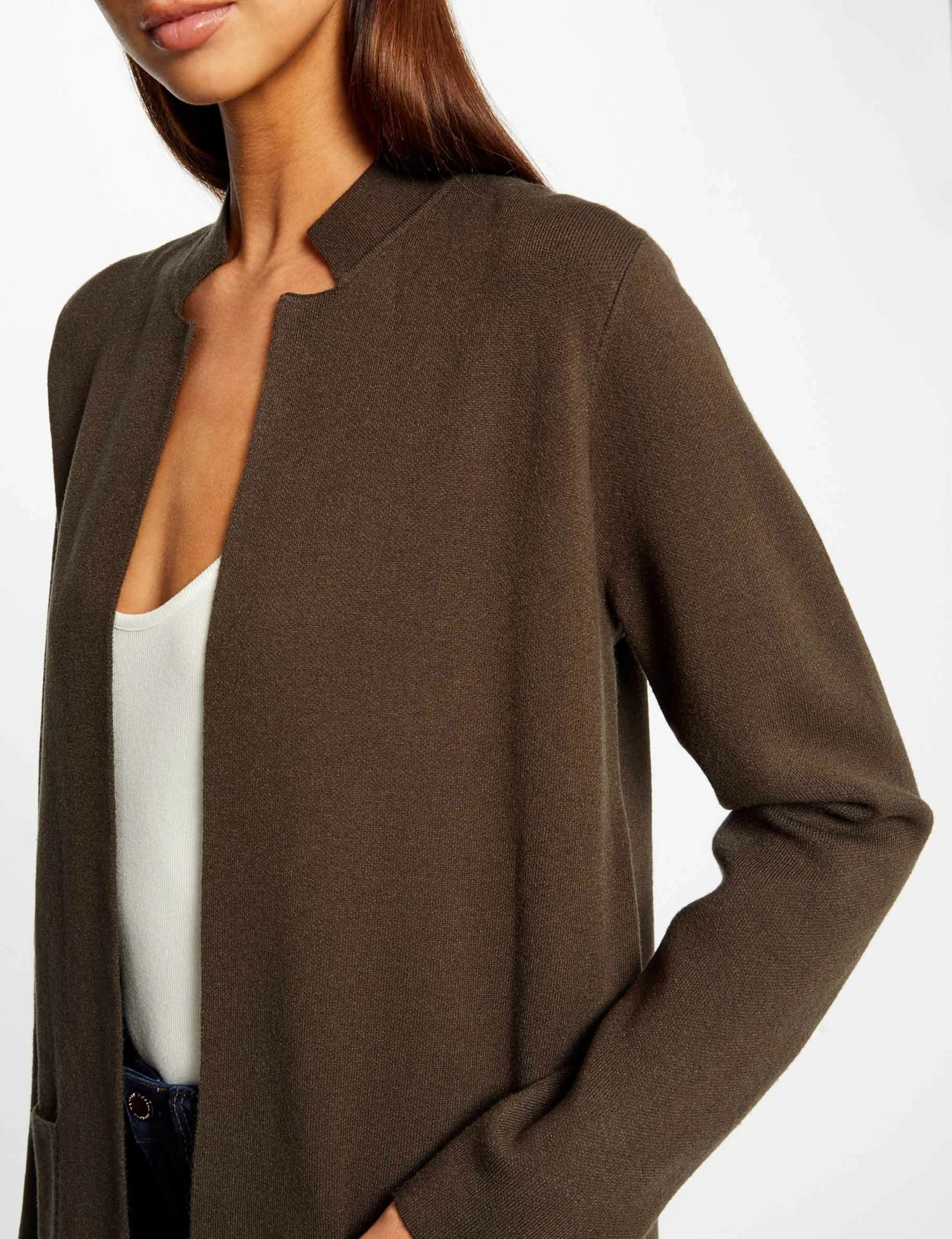 Gilet Long Droit Col Ouvert Vert Fonce Femme 5 Gilet Long Droit Col Ouvert Vert Fonce Femme – Image 5